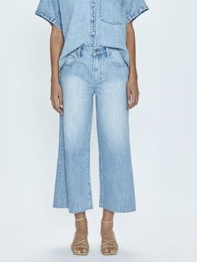 Pistola Jadyn Cropped Wide Leg Jeans Blue Canopy Stripe Raw Hem Women's Size 27